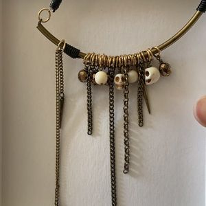 Skulls and Leather gold tone necklace